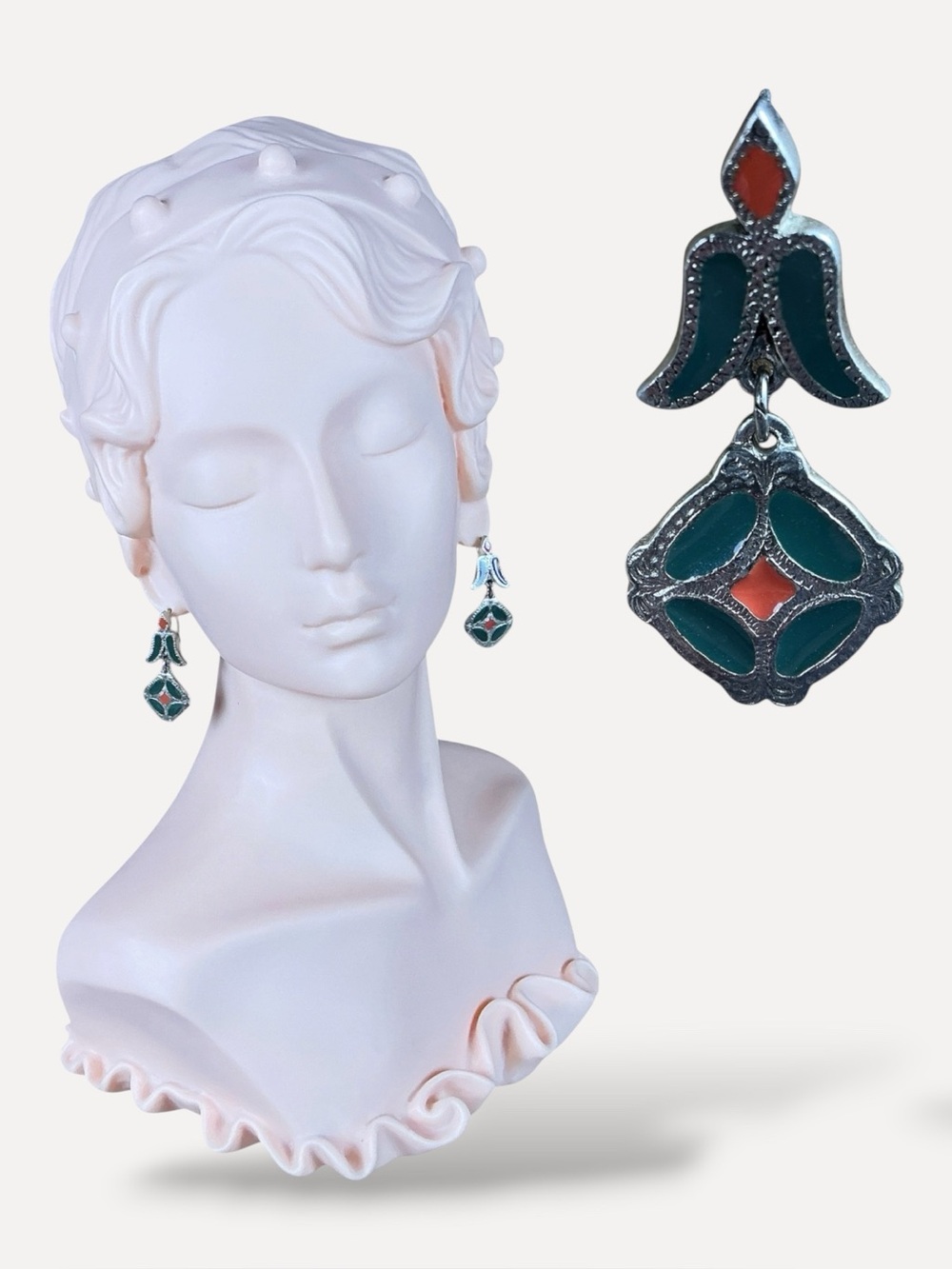 Vintage Drop Earrings Silver Green Orange Enamel Art Deco Geometric Statement